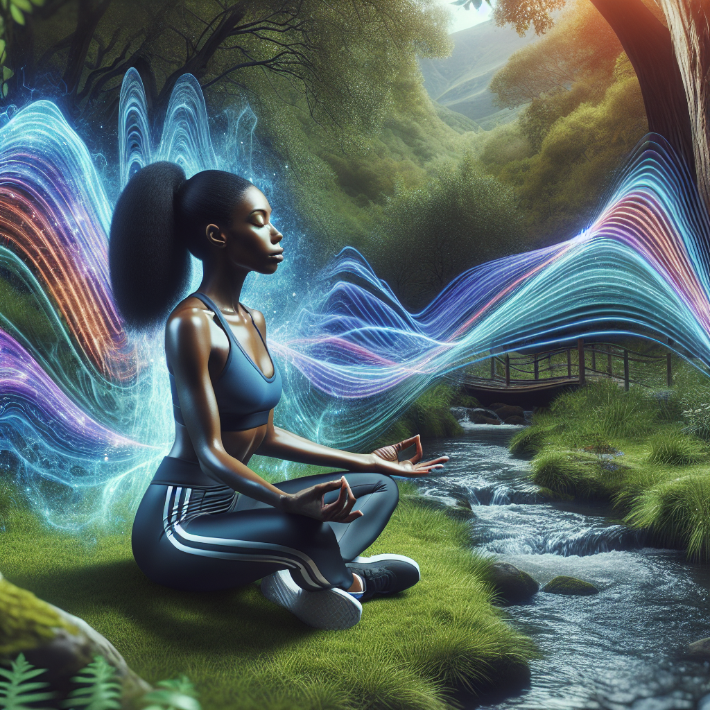 A woman meditating in nature surrounded by vibrant energy waves symbolizing spiritual growth