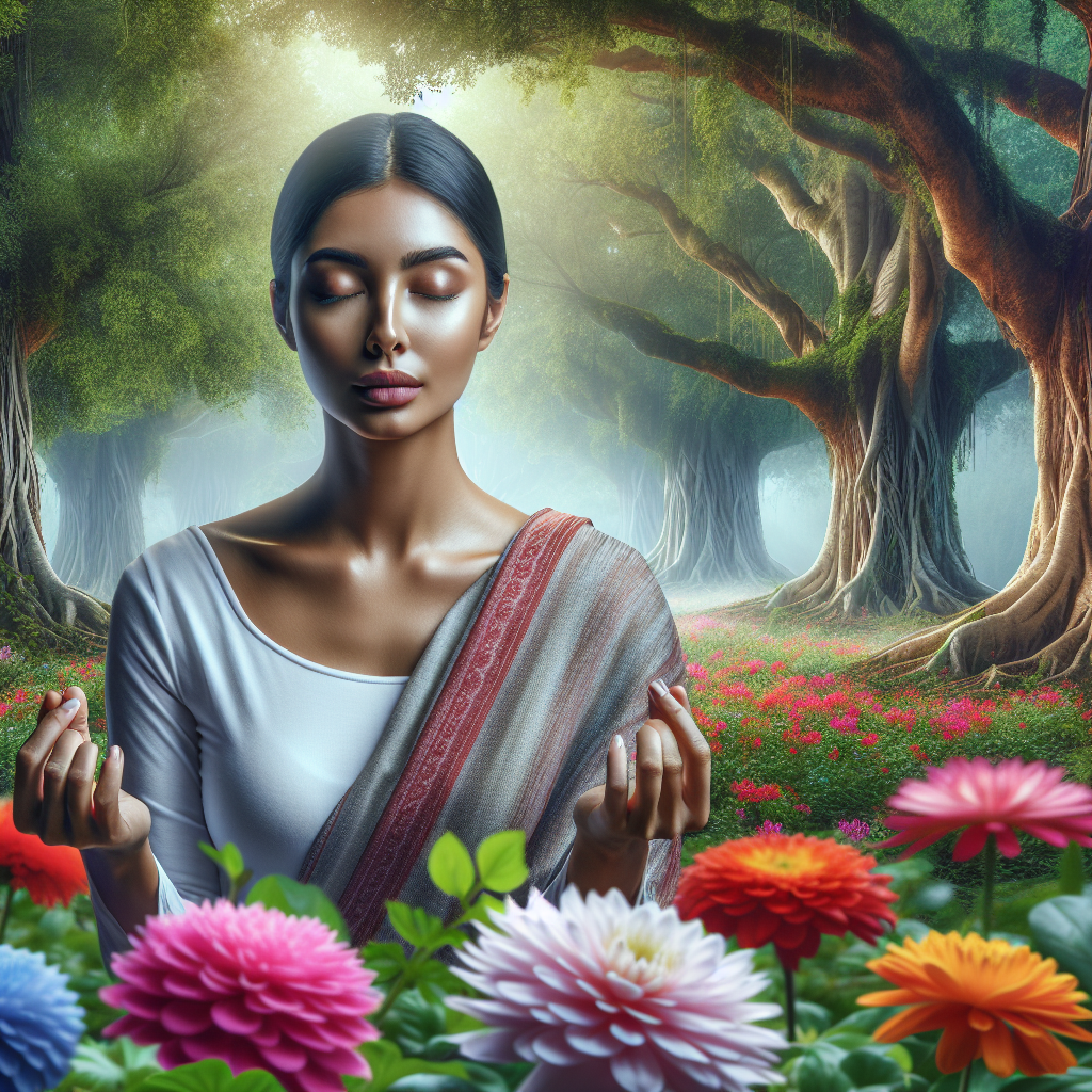A serene woman meditating in nature surrounded by vibrant flowers and trees, embodying inner peace and higher consciousness