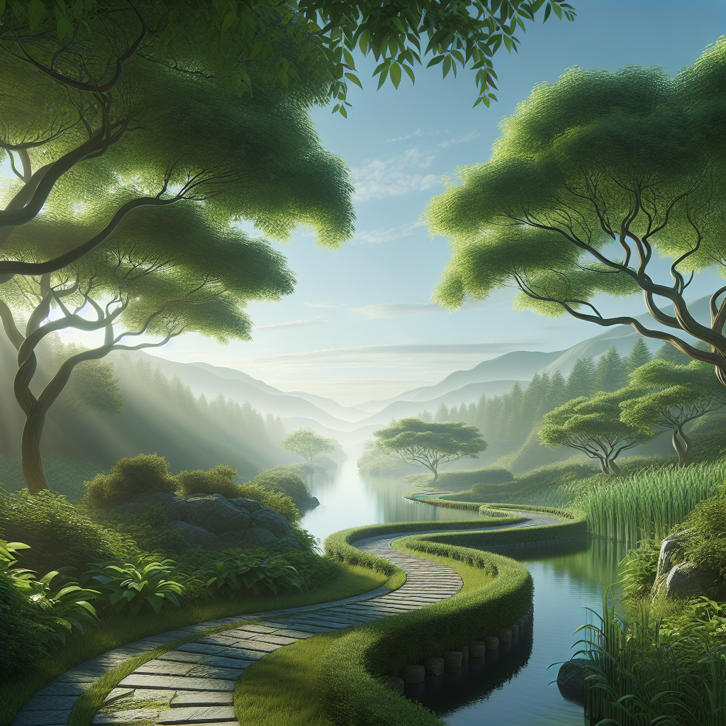 A serene landscape symbolizing peace and detachment, with a winding path leading through lush greenery under a clear sky