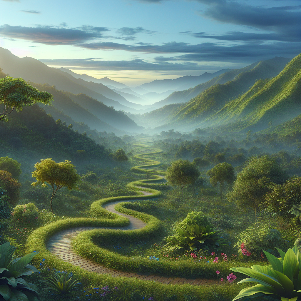 A serene landscape with a winding path leading through lush greenery, symbolizing the journey of mindfulness and non-attachment