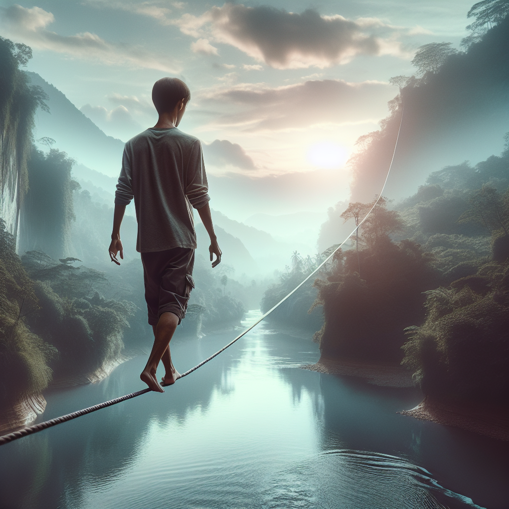 A serene landscape depicting a person walking on a tightrope over a calm river, symbolizing balance and emotional resilience