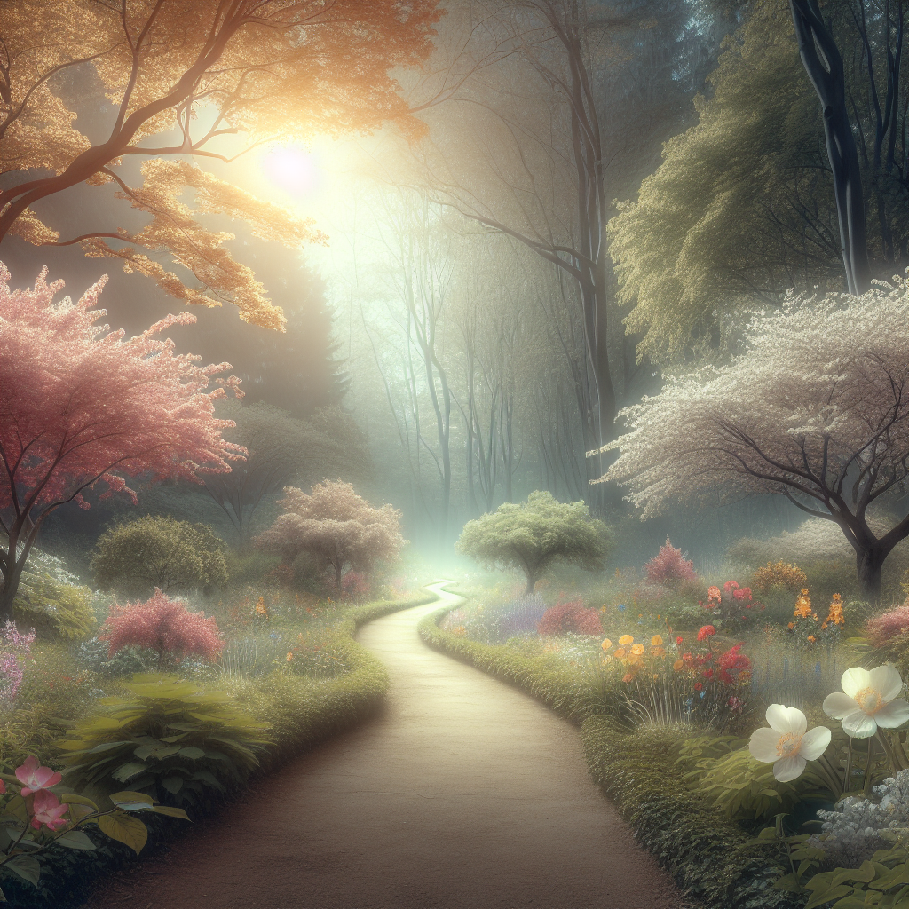 A serene landscape with a winding path leading through trees and flowers, symbolizing life's journey with an ethereal glow.