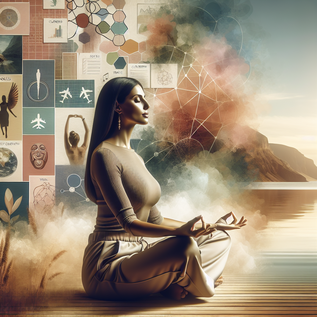 A modern woman meditating with a vision board filled with goals and dreams in a serene environment
