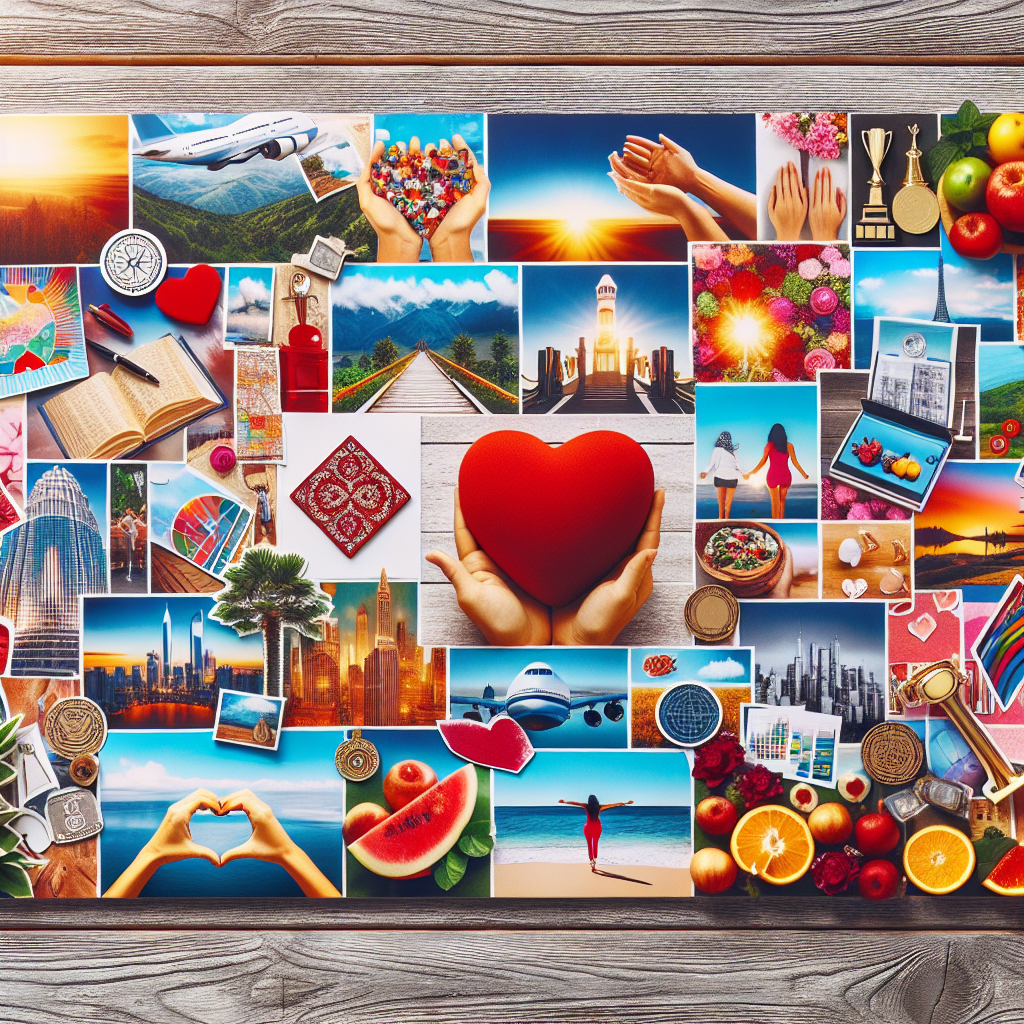 A vibrant vision board filled with images representing dreams like travel, love, success, and wellness