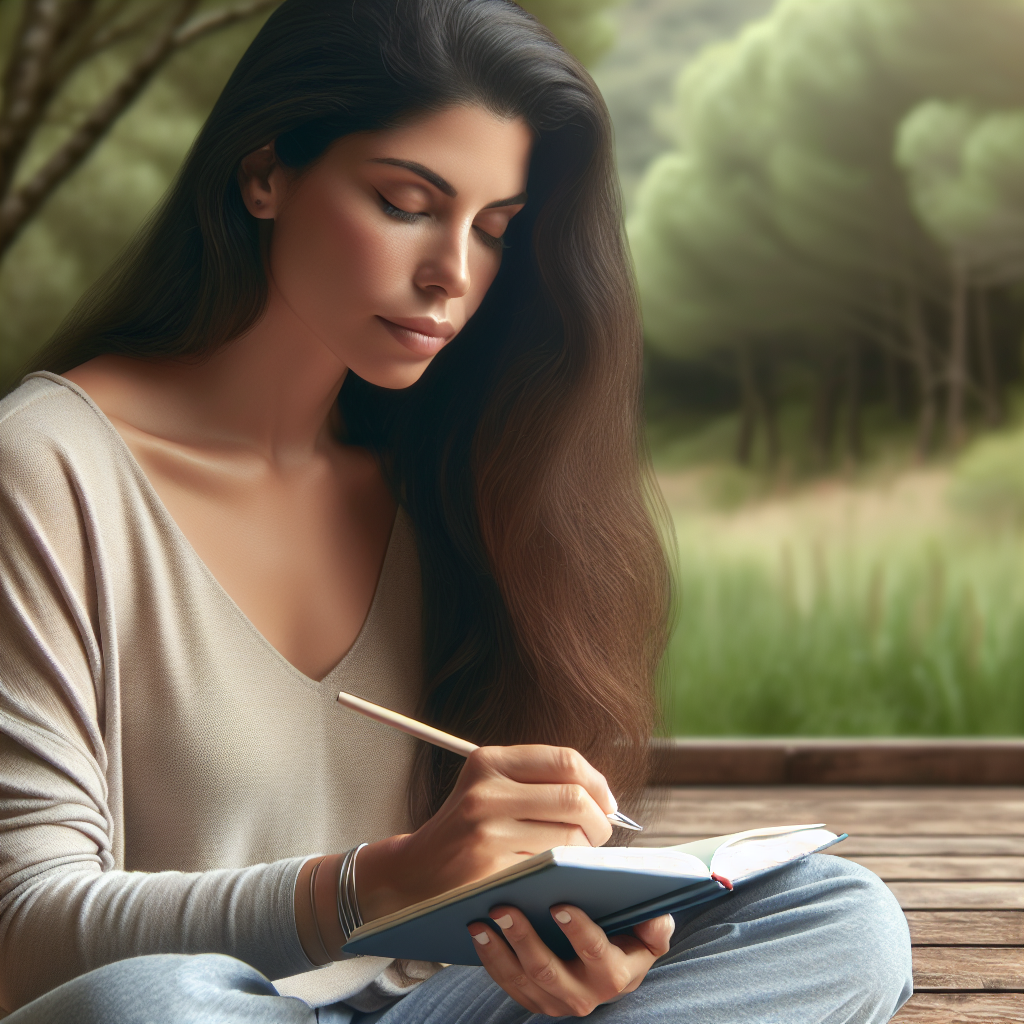 A woman meditating in nature while writing her intentions in a journal