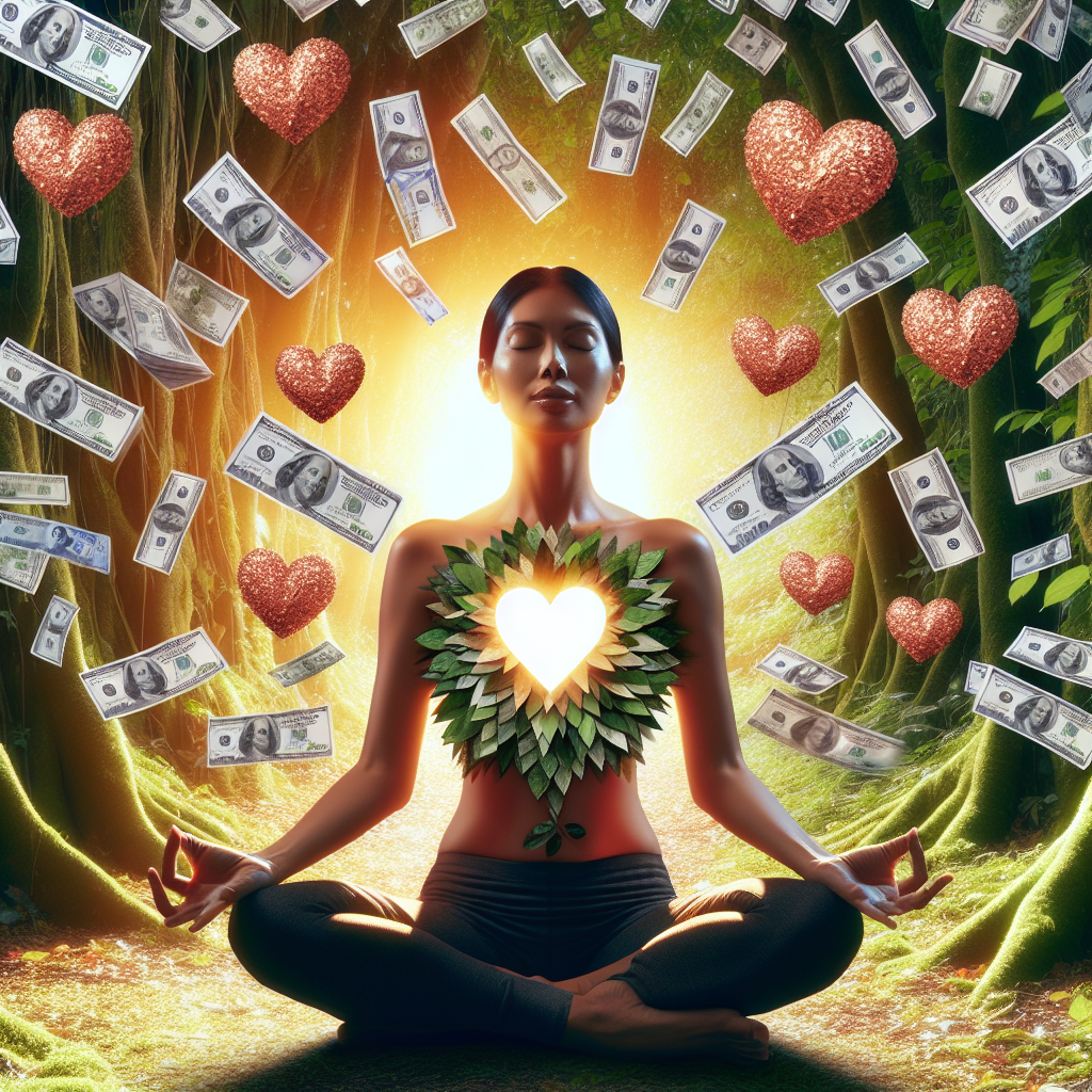 A vibrant woman meditating in nature surrounded by symbols of abundance like money, love hearts, and health icons