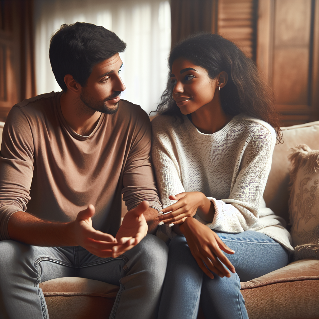 A couple sitting on a couch discussing their boundaries with open dialogue