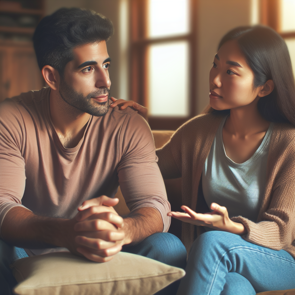 A couple sitting together on a couch having an open conversation about their feelings and boundaries, warm lighting, cozy atmosphere