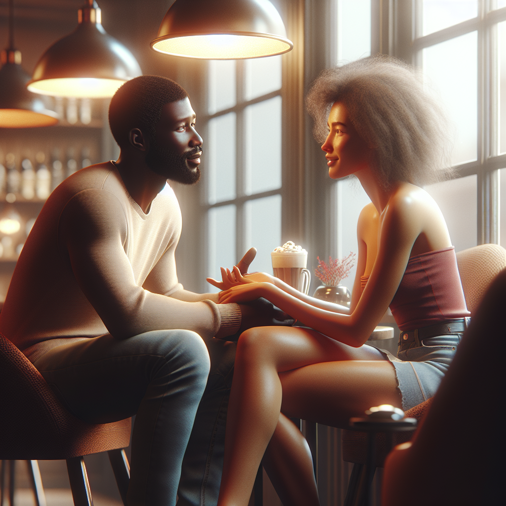 A couple sitting together with open body language while discussing their feelings at a cozy coffee shop