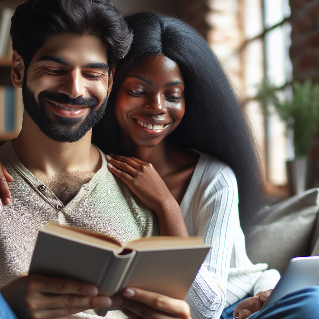 A couple sitting together on a couch, one reading a book while the other is on their laptop, both smiling contentedly