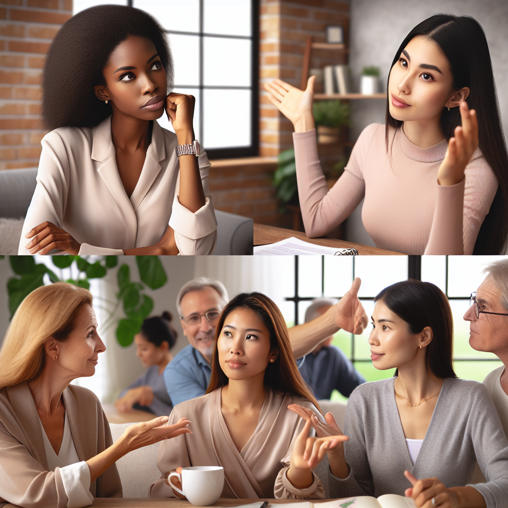 A woman confidently setting her boundaries in various scenarios - at work, with friends, and in family settings