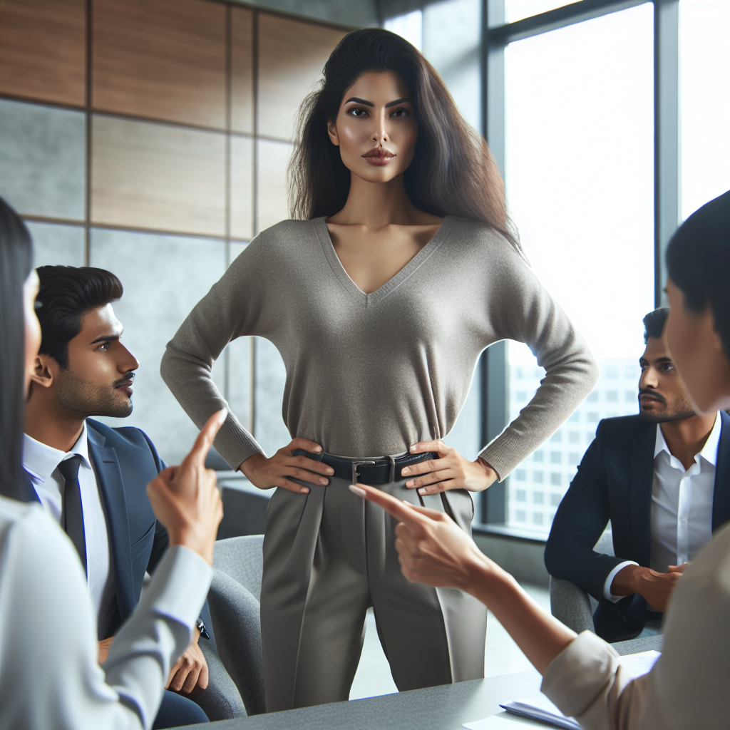 A woman confidently setting boundaries at work with colleagues in an office environment