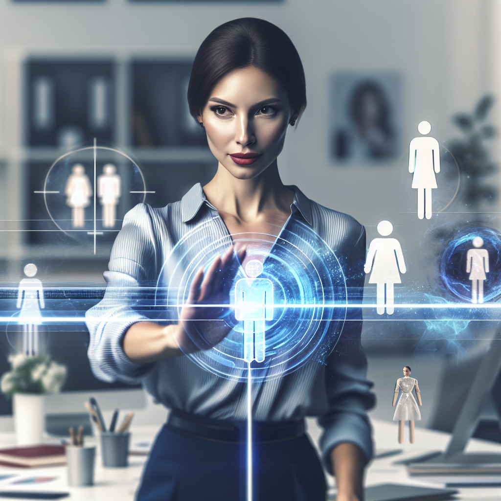 A woman confidently setting boundaries in an office environment, with visual cues representing interpersonal, emotional, and professional limits around her