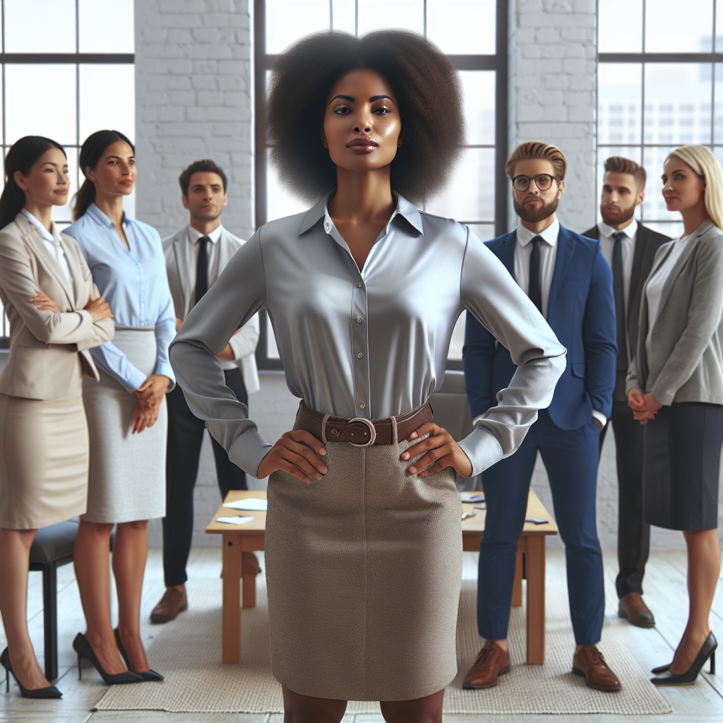 A professional woman confidently asserting her boundaries in an office setting, with colleagues respecting her space, depicting healthy workplace dynamics