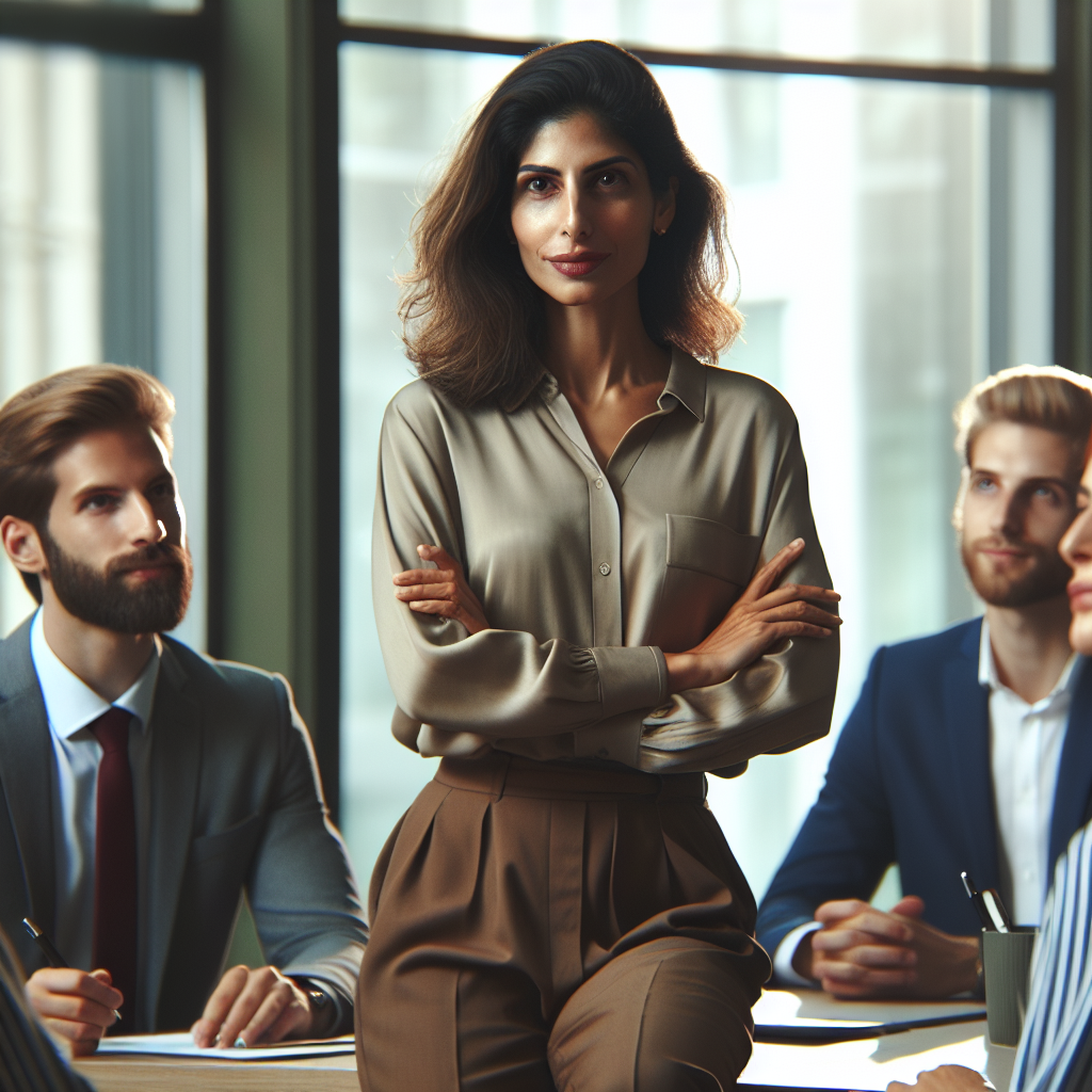 A woman confidently setting boundaries in a modern office environment, with colleagues listening attentively