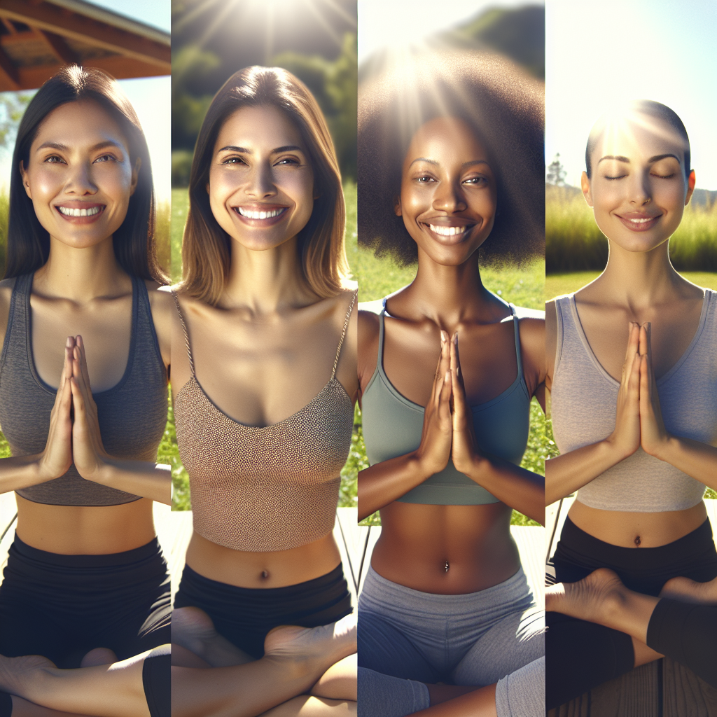 A diverse group of women engaged in mindfulness practices outdoors, smiling and looking confident while practicing yoga or meditation under the sun.