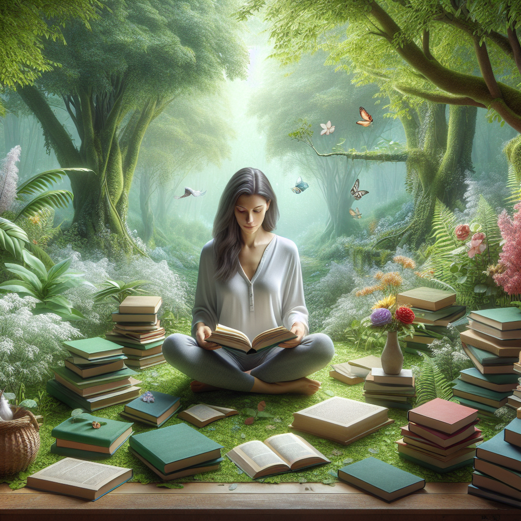 A woman practicing self-care in a serene environment, surrounded by nature and books