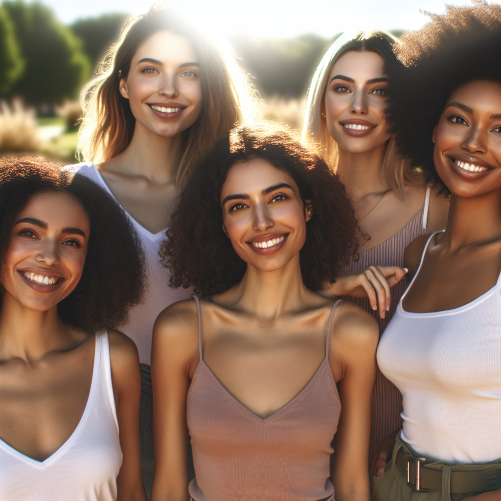 A diverse group of women smiling confidently together in an outdoor setting, showcasing empowerment and friendship