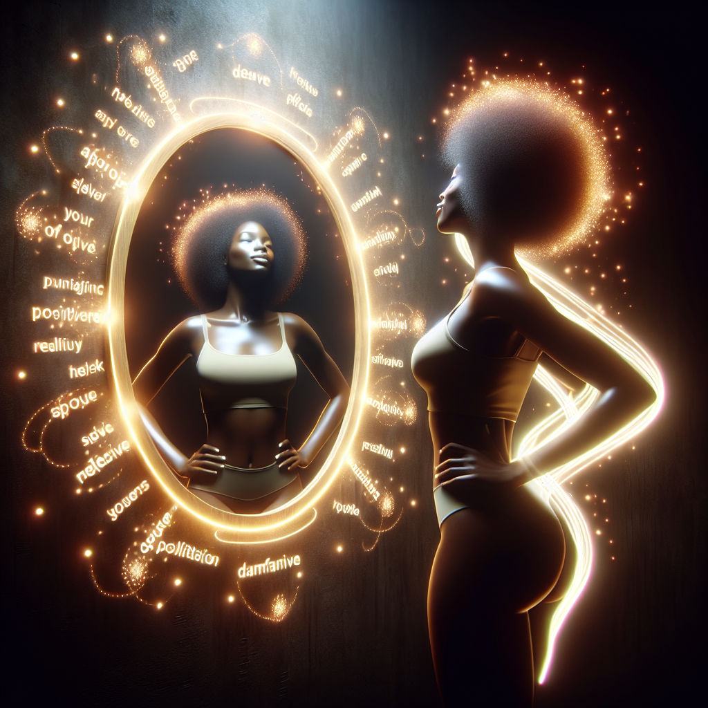 A woman standing confidently in front of a mirror with positive affirmations written around her reflection, showcasing empowerment and self-love