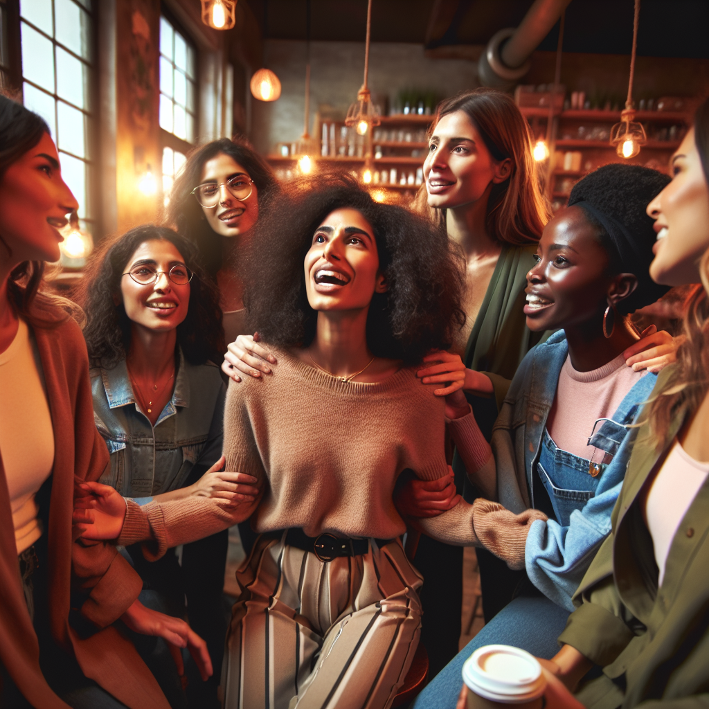 A diverse group of women supporting each other in a cozy cafe setting, discussing personal growth and empowerment