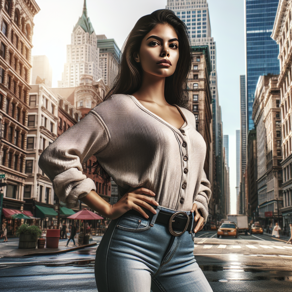 A confident woman standing tall amidst a vibrant cityscape, symbolizing empowerment and individuality