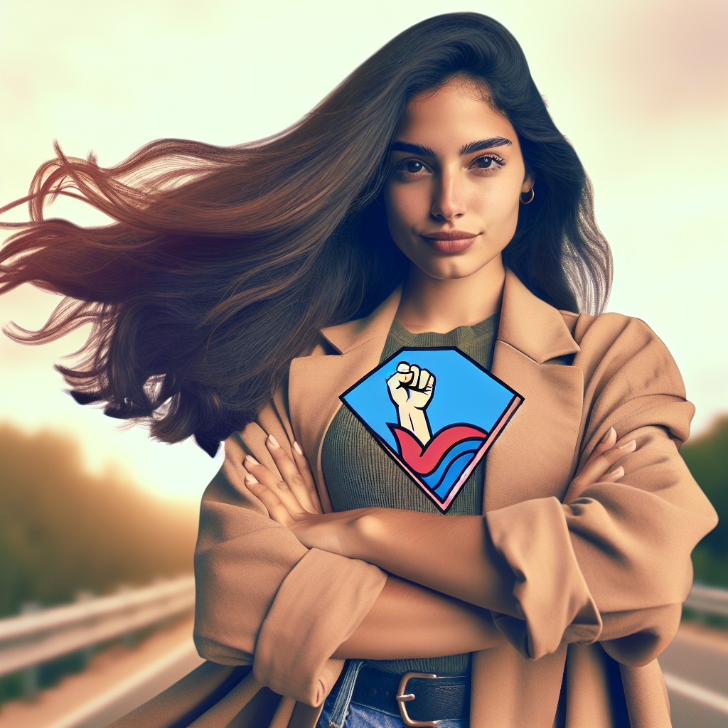 A confident woman standing tall with arms crossed in an empowering pose outdoors