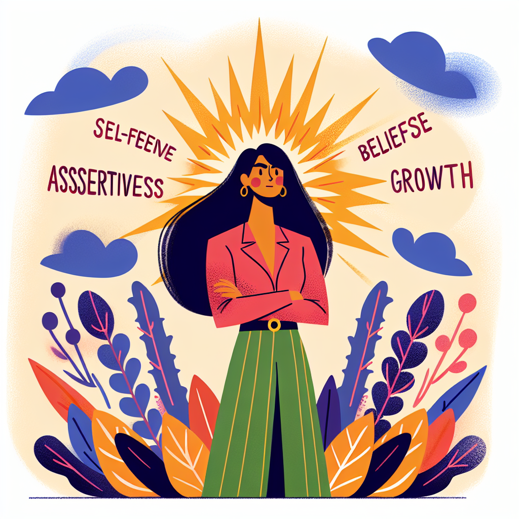 A confident woman standing tall with arms crossed, surrounded by empowering words like 'self-belief', 'assertiveness', 'growth'. Bright colors, modern illustration style.