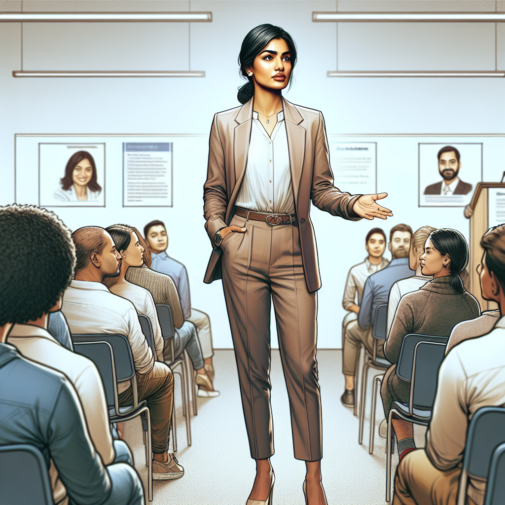 A woman confidently speaking in front of an audience at a workshop