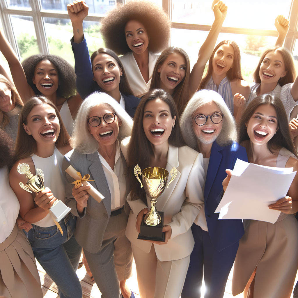 A diverse group of women celebrating their achievements together in an empowering setting
