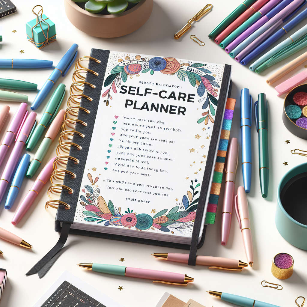 A beautifully designed self-care planner open on a desk with colorful pens and motivational quotes surrounding it