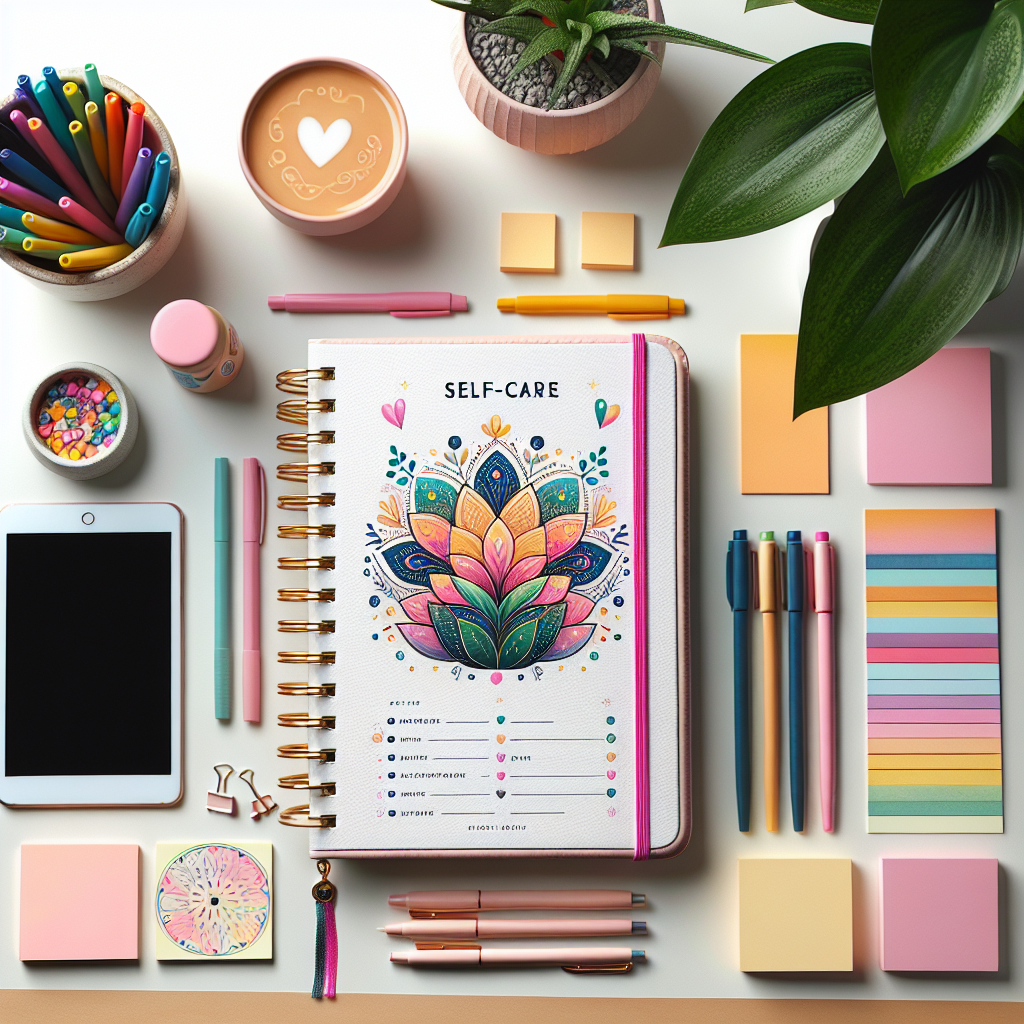 A beautifully designed self-care planner open on a desk with colorful pens, sticky notes, and calming plants around it