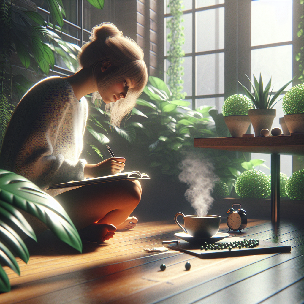 A cozy scene of a woman journaling with a cup of tea beside her, surrounded by plants and soft lighting