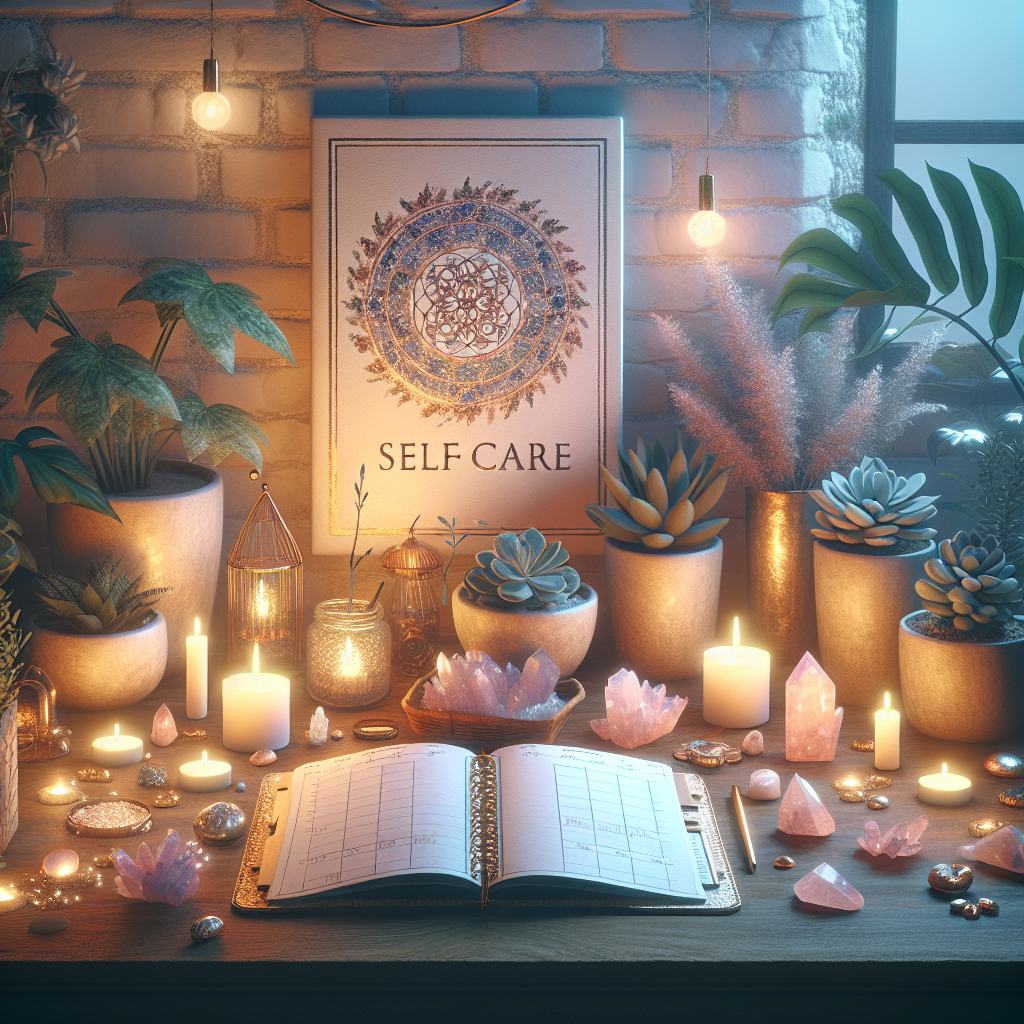 A cozy workspace featuring an open self care planner surrounded by plants and calming items like candles and crystals