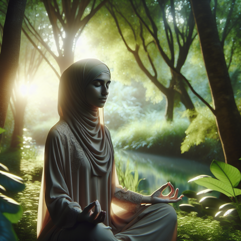 A serene woman practicing mindfulness in nature, surrounded by lush greenery and soft sunlight filtering through the trees