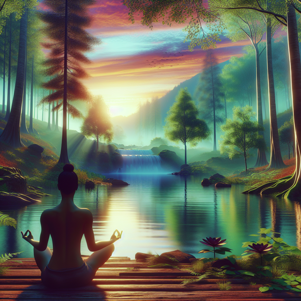 A serene scene depicting mindfulness practices such as meditation in nature with vibrant colors