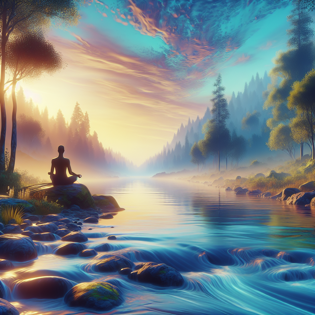 A serene landscape depicting relaxation techniques such as deep breathing and meditation with soft colors