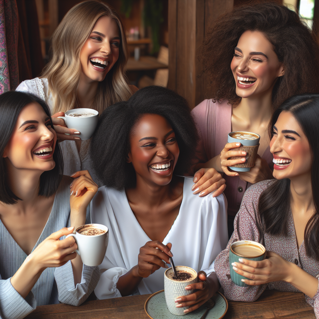 A group of diverse women laughing together over coffee in a cozy cafe