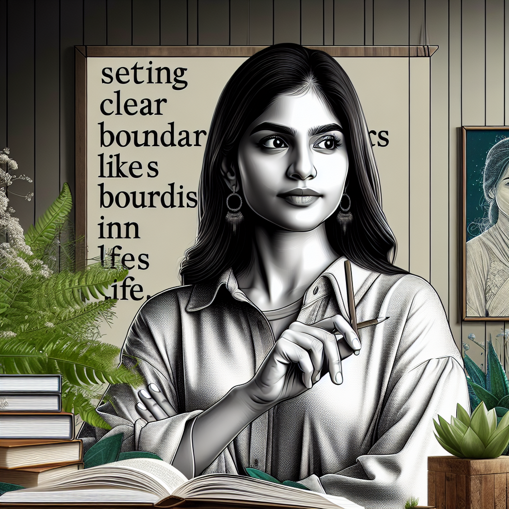 A woman confidently setting boundaries in her life while surrounded by symbols of empowerment such as books, plants, and motivational quotes