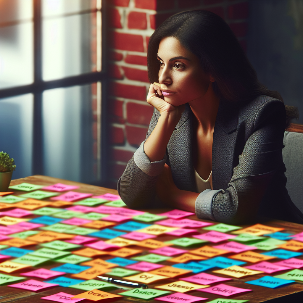 A woman sitting at a desk with colorful sticky notes representing her goals and aspirations, looking inspired