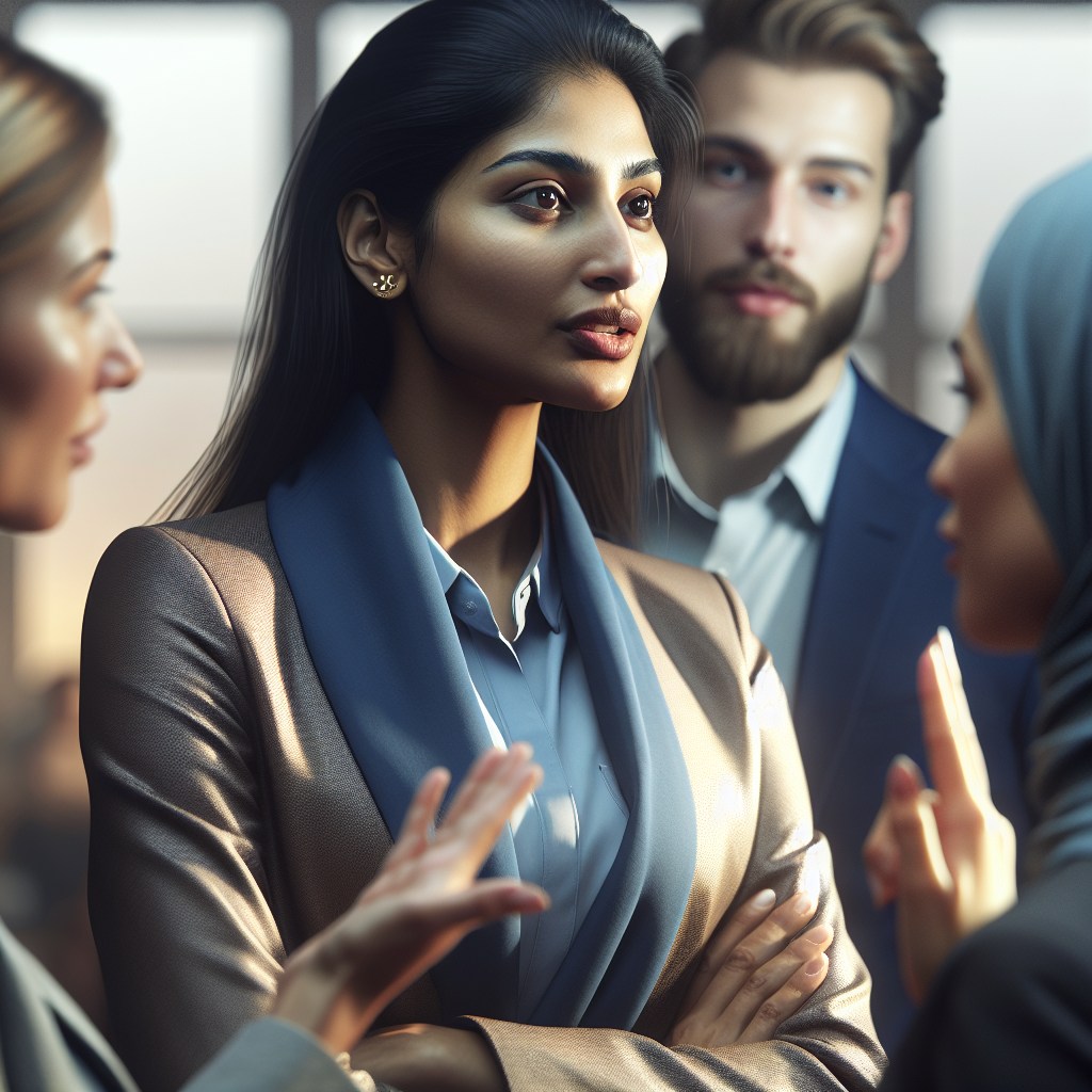 A woman confidently setting boundaries in a conversation with friends, depicting empowerment and clarity