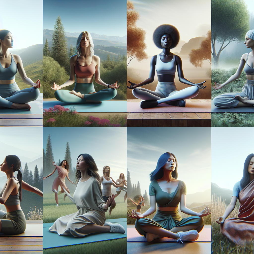 A diverse group of women engaging in various embodiment practices like yoga, dance therapy, and meditation in a serene outdoor setting