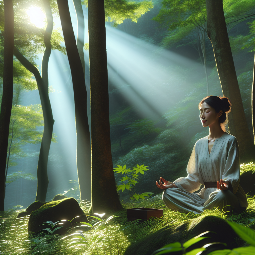 A serene woman practicing mindfulness outdoors, surrounded by nature, embodying peace and presence