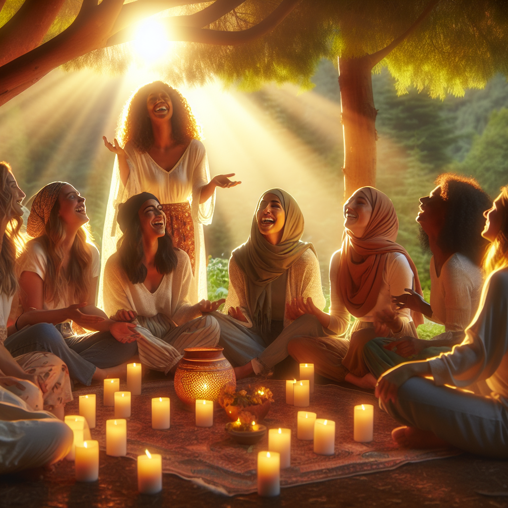 A serene women's circle gathering outdoors under trees, featuring diverse women sharing stories and laughter, surrounded by candles and nature