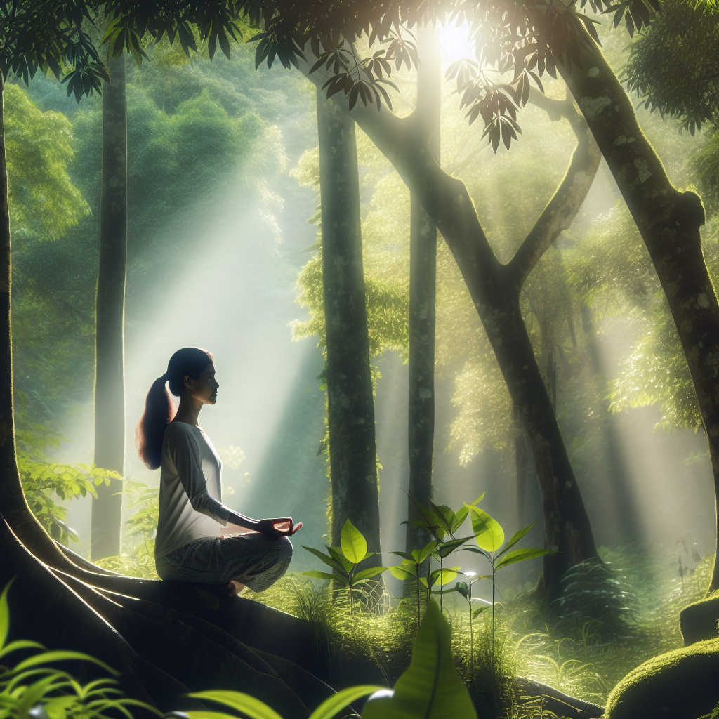 A serene woman practicing grounding techniques in nature, surrounded by lush greenery and soft sunlight filtering through trees