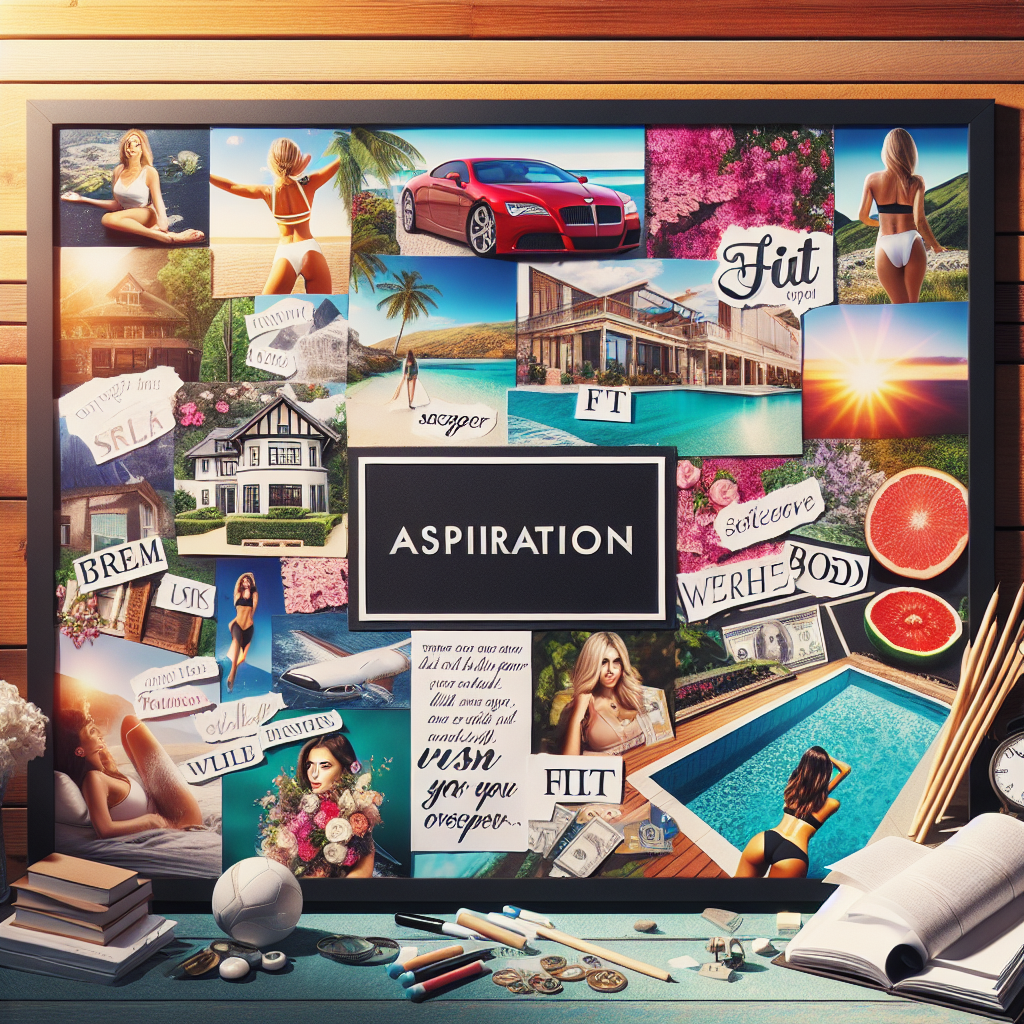 A vibrant vision board filled with images of dreams and goals, surrounded by inspiring quotes