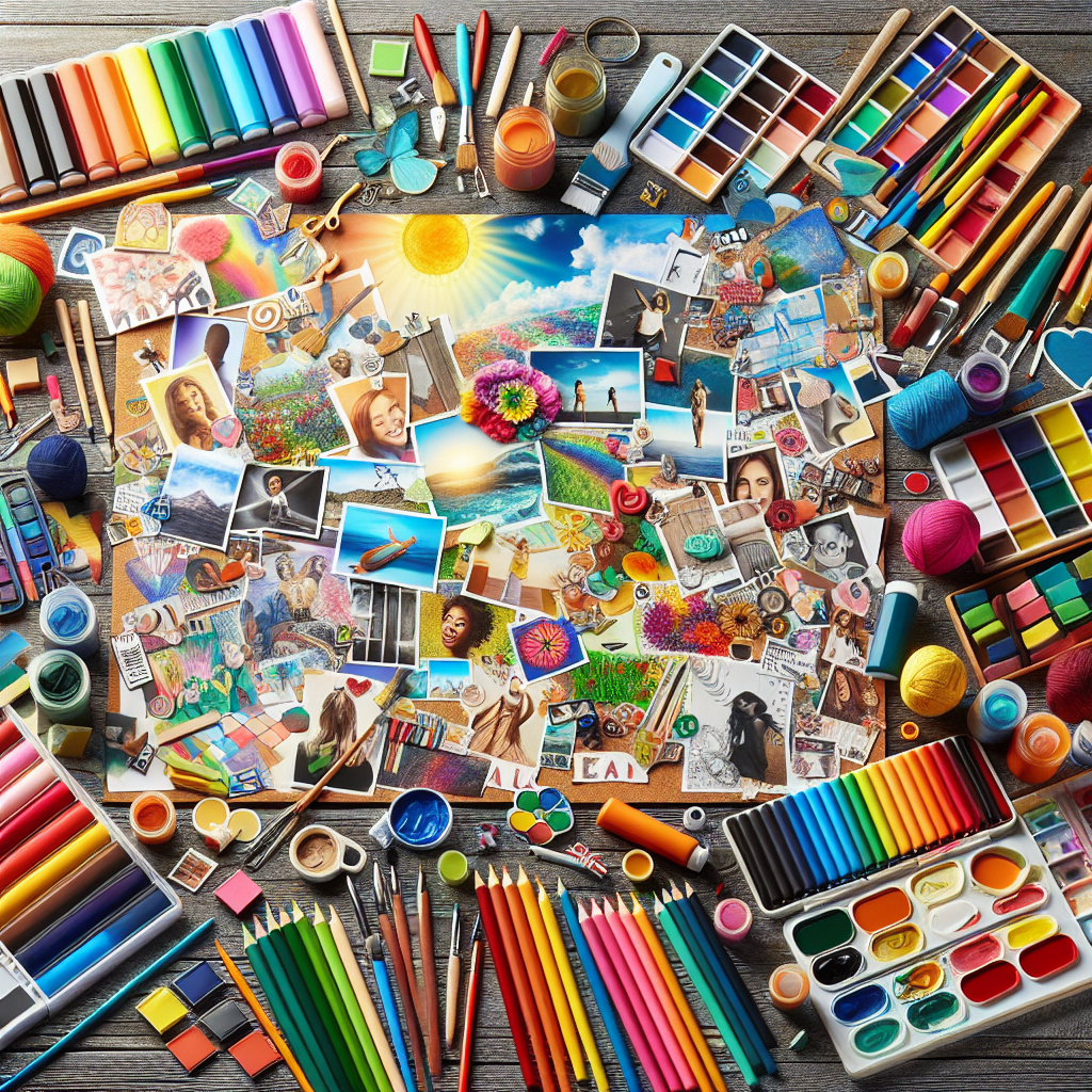 A vibrant vision board filled with images of dreams and goals, surrounded by motivational quotes and colorful art supplies.