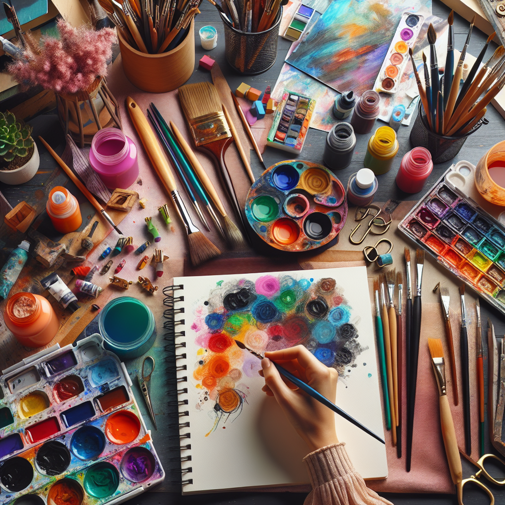 A vibrant artist's workspace filled with colorful paints, brushes, journals, and creative tools