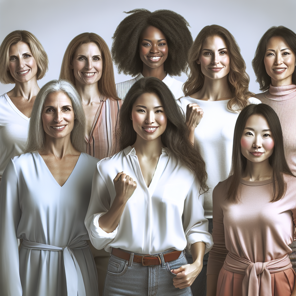A diverse group of women smiling confidently while standing together in an empowering pose