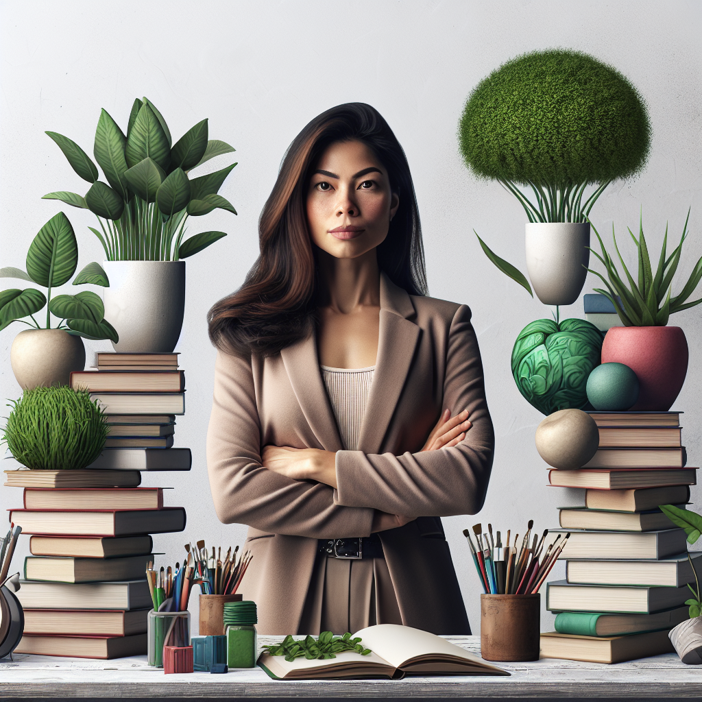 A confident woman standing tall with her arms crossed, surrounded by symbols of empowerment such as books, plants, and art supplies