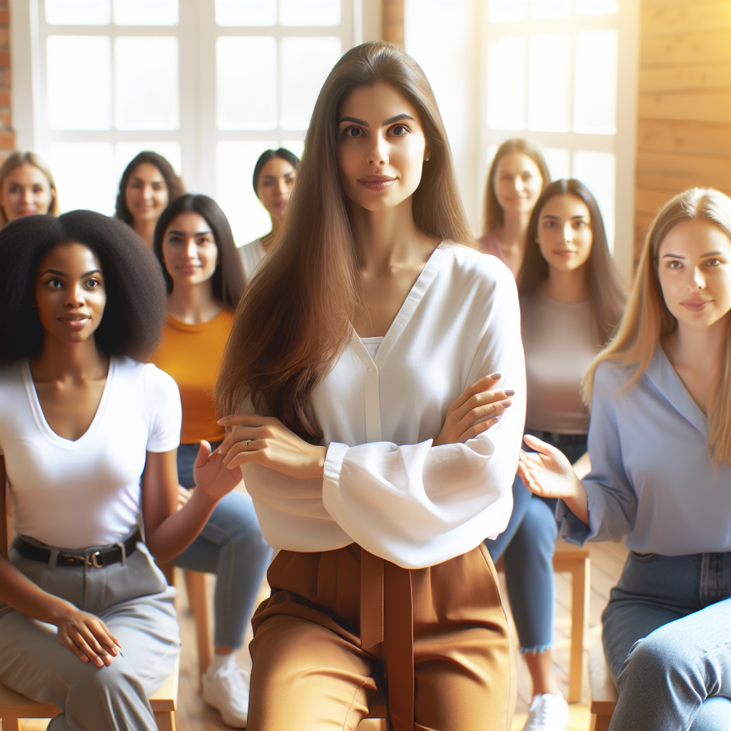 A diverse group of women engaging in assertiveness training in a bright, supportive environment